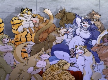 anthro balls blue_body brown_body erection genitals group group_sex kemono male male/male musclegut muscular muscular_male orgy overweight overweight_male penis sex white_body yellow_body seturou1010 bear bovid bovine canid canine canis cattle domestic_dog felid mammal pantherine tiger wolf 2015 censored low_res