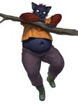 anthro belly blue_body blue_fur bottomwear branch clothed clothing female footwear fur hanging_from_branch highlights_(coloring) overweight overweight_anthro overweight_female pants red_highlights shirt shoes simple_background slightly_chubby solo topwear white_background cettus hang_in_there night_in_the_woods mae_borowski domestic_cat felid feline felis mammal 2021