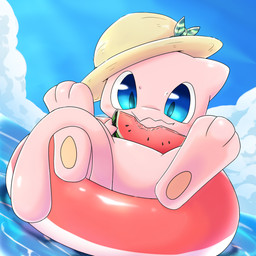 3_fingers 3_toes ambiguous_gender blue_eyes blue_sky chewing clothing cloud featureless_crotch feet feral fingers food fruit green_scarf hat headgear headwear looking_down melon monotone_body o-ring pink_body plant scarf sea sky solo sun_hat tail toes tropical water watermelon watermelon_slice chaba nintendo pokemon pokemon_mystery_dungeon spike_chunsoft generation_1_pokemon legendary_pokemon mew_(pokemon) pokemon_(species) 1:1 hi_res