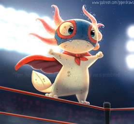 ambiguous_gender anthro beady_eyes blue_eyes cape clothing fighting_ring light lucha_libre_mask luchador mask mostly_nude pink_body solo sports_mask sportswear stadium_lighting tan_body teeth text wrestler wrestling_mask piper_thibodeau amphibian aquatic axolotl mole_salamander salamander 2021 digital_media_(artwork) digital_painting_(artwork) painting_(artwork) url