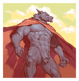 5_fingers abs anthro biceps biped black_body black_fur border cape cape_only claws clothing cloud finger_claws fingers front_view frown fur green_sky looking_aside male mostly_nude mostly_nude_anthro mostly_nude_male muscular muscular_anthro muscular_male nipples outside pecs pose red_cape red_clothing scowl sky snout solo teeth teeth_showing white_border kingarthur_i canid mammal 2023 digital_drawing_(artwork) digital_media_(artwork) hi_res portrait three-quarter_portrait