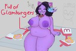 anthro areola barbell_piercing belly beverage_between_breasts big_areola big_breasts big_nipples black_hair breasts claws directional_arrow drinking drinking_straw duo ear_piercing ear_ring eyes_closed fast_food female female_focus food food_container freckled_breasts freckles grey_background hair happy huge_breasts male navel nipple_barbell nipple_piercing nipples nude overweight overweight_anthro overweight_female piercing purple_areola purple_body purple_nipples ring_piercing simple_background sitting smile solo_focus text thick_thighs wide_hips mrazel undertale undertale_(series) burgerpants catty_(undertale) domestic_cat felid feline felis mammal 2025 english_text hi_res