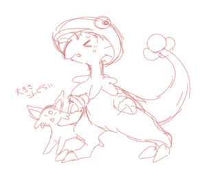 all_fours ambiguous_gender biped bodily_fluids claws duo eyes_closed feral finger_claws forehead_gem gem open_mouth simple_background sweat tail text toe_claws white_background yakiniku628 nintendo pokemon breloom eeveelution espeon generation_2_pokemon generation_3_pokemon pokemon_(species) japanese_text monochrome