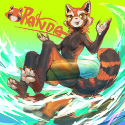 4_toes anthro black_body black_fur breasts butt claws fangs featureless_breasts featureless_crotch feet female fur green_background green_eyes inflatable inner_ear_fluff inner_tube looking_at_viewer markings open_mouth open_smile orange_body orange_fur pawpads paws simple_background small_breasts smile solo striped_markings striped_tail stripes tail tail_markings teeth text toe_claws toes tuft water yellow_sclera devilfish_(artist) ailurid mammal red_panda 2023 absurd_res character_name digital_drawing_(artwork) digital_media_(artwork) english_text full-length_portrait hi_res portrait