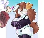 anthro big_breasts blush blush_stickers bra breasts brown_hair cleavage clothed clothing eyewear female food glasses hair heart_symbol huge_breasts legwear meat open_mouth shirt solo thick_thighs thigh_highs thong topwear underwear white_body moonix_xero canid canine canis domestic_dog mammal absurd_res hi_res