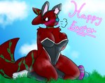 anthro big_breasts blush blush_lines breasts breath bunny_costume clothed clothing costume cute_fangs easter_egg egg fake_ears fake_rabbit_ears fangs female flower footwear fur genitals happy holidays looking_at_viewer maroon_fur musk musk_clouds plant pussy rose_(flower) simple_background sitting sitting_on_ground skimpy smile socks solo tail teeth text thick_thighs topwear vines smolreapy easter rain_world videocult sarasul_(smolreapy) slugcat absurd_res digital_media_(artwork) english_text hi_res