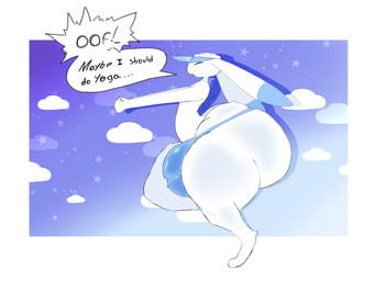 anthro balls big_bulge big_butt biped black_text blue_clothing blue_thong blue_underwear bulge butt clothing dialogue ellipsis exclamation_point eyes_closed genitals hat headgear headwear huge_butt male open_mouth penis side_view solo stretching talking_to_self text thick_thighs thong underwear white_body mamimibuns 2024_pokemon_gigaleak beta_pokemon_games nintendo pokemon beta_pokemon_(species) lagomorph mammal warabbit 2024 english_text hi_res