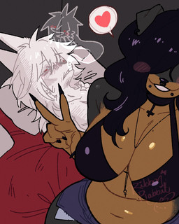5_fingers after_sex anthro bed bedding belly big_breasts black_body black_bra black_clothing black_ears black_fur black_hair black_nose black_underwear bottomwear bra breasts brown_body brown_fur choker claws clothed clothed_anthro clothed_female clothing cross duo facial_piercing female female_anthro finger_claws fingers fur furniture gesture giving_up_the_ghost hair hair_over_eye hand_gesture heart_symbol inverted_cross jewelry lip_piercing lying multicolored_body multicolored_fur navel necklace nose_piercing nose_ring on_back on_bed piercing pillow ring_piercing septum_piercing septum_ring smile snakebite_piercing underwear v_sign wall_(structure) white_body white_hair ribbon_rabbitt venus_(antlersbrxken) canid canine canis dobermann domestic_dog mammal pinscher 2024 digital_media_(artwork) hi_res
