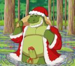 anthro balls clothed clothing detailed_background erection genitals holidays humanoid_genitalia humanoid_penis male non-mammal_balls outside overweight overweight_anthro overweight_male partially_clothed penis smile solo swamp charmcharmcharm christmas santa_claus crocodile crocodilian reptile scalie 2017 digital_media_(artwork)