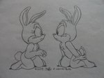 anthro barefoot blush buckteeth clothing cotton_tail duo embarrassed featureless_chest feet female gloves gloves_only handwear handwear_only male mostly_nude nude teeth white_clothing white_gloves white_handwear young young_anthro young_female young_male joaoppereiraus tiny_toon_adventures warner_brothers babs_bunny buster_bunny lagomorph leporid mammal rabbit 2015 4:3 absurd_res hi_res monochrome sketch traditional_media_(artwork)