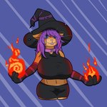 abstract_background anthro armwear big_breasts black_clothing blue_eyes bottomwear breasts clothing collar elbow_gloves elemental_manipulation female fire fire_manipulation gloves hair handwear hat headgear headwear lips long_hair magic_user orange_body purple_hair skirt smile solo thick_bottom_lip witch witch_hat firepawdacat_(artist) firepawdacat domestic_cat felid feline felis mammal 1:1 hi_res