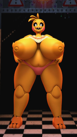 3_toes anthro areola beakless bib big_areola big_breasts black_eyelids black_sclera breasts checkered checkered_floor clothing eyelashes feet female front_view glowing glowing_eyes hands_on_hips huge_areola huge_breasts hyper hyper_breasts inside inverted_nipples machine nipples non-mammal_breasts non-mammal_nipples open_mouth open_smile panties pink_clothing pink_panties pink_underwear sharp_teeth slightly_chubby slightly_chubby_anthro slightly_chubby_female smile smiling_at_viewer solo standing teeth text text_on_clothing thick_thighs toes underwear wide_hips yellow_areola yellow_body yellow_nipples octal octal_(modeler) five_nights_at_freddy's five_nights_at_freddy's_2 scottgames toy_chica_(fnaf) animatronic avian bird chicken galliform phasianid robot robot_anthro 2023 3d_(artwork) digital_media_(artwork) full-length_portrait hi_res portrait