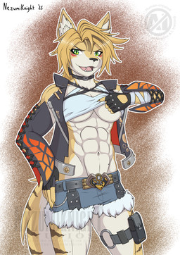 abs anthro belt biceps big_breasts blonde_hair bottomwear breasts choker clothed clothing clothing_lift fangs female fingerless_gloves fur gloves green_eyes hair handwear jacket jacket_vest jewelry leg_pouch looking_at_viewer markings mole_(marking) muscular muscular_anthro muscular_female navel neck_tuft necklace open_mouth pecs presenting pulling_pants_down shirt shirt_lift shorts simple_background smile solo tail teeth tongue topwear tuft under_boob vest white_body yellow_body yellow_fur nezumiknight hoyoverse mihoyo zenless_zone_zero pulchra_fellini felid feline mammal thiren 2025 digital_media_(artwork) hi_res watermark