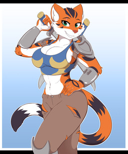 anthro biped bottomwear breasts claws clothed clothed_anthro clothed_female clothing countershade_torso countershading female fingers front_view fully_clothed fully_clothed_anthro fully_clothed_female fur looking_at_viewer markings melee_weapon navel pants simple_background solo standing striped_body striped_fur striped_markings striped_tail stripes sword tail tail_markings teeth topwear weapon infinitedge felid mammal pantherine tiger 2026 5:6 digital_drawing_(artwork) digital_media_(artwork) hi_res