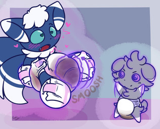 ambiguous_gender anthro balled_up_diaper blue_body blue_fur blue_sclera blue_tail blush blush_lines bodily_fluids border diaper diaper_fetish dipstick_ears dipstick_tail drooling duo ear_markings feces fur genital_fluids gloves_(marking) grey_body grey_fur grey_tail heart_eyes heart_symbol leg_markings lock_symbol magic_user markings multicolored_body multicolored_ears multicolored_fur open_mouth saliva simple_background smile smooch_(sound_effect) snaggle_tooth socks_(marking) soiled_diaper soiling standing suspension tail tail_markings text unclean_diaper urine used_diaper waving_arms wet_diaper white_body white_border white_ear_tips white_fur white_tail_tip ludis-luteo nintendo pokemon espurr generation_6_pokemon meowstic pokemon_(species) 2019 absurd_res artist_name hi_res signature