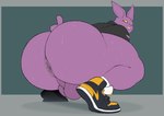 anthro anus backsack balls big_butt bodily_fluids bottomless butt clothed clothing crouching footwear footwear_without_bottomwear furgonomics genitals hoodie long_ears looking_back low-angle_view male overweight overweight_anthro overweight_male perineum plantigrade purple_body raised_clothing raised_heel raised_hoodie raised_topwear shoes short_tail sneakers solo sweat sweaty_balls sweaty_butt sweaty_genitalia sweaty_legs tail topwear torn_clothing yellow_eyes conditional_dnp erobos dragon_ball dragon_ball_super nike champa alien domestic_cat felid feline felis mammal absurd_res hi_res