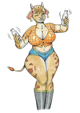 anthro boots bottle bottomwear breasts cleavage clothed clothing container denim denim_bottomwear denim_clothing denim_shorts ear_piercing ear_tag female footwear horn milk milk_bottle milk_container one_eye_closed piercing shoes shorts solo tail wink oluttzada bovid bovine cattle mammal hi_res