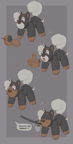 all_fours animal_mask anthro bdsm bitchsuit blindfold bodily_fluids bondage bondage_gear bone_collar_tag bound chastity_cage chastity_device clothing cock_gag collar collar_tag drooling fur gag heart_symbol latex latex_clothing male mask petplay pup_mask puppyplay roleplay saliva solo speech_bubble white_body white_fur young young_male skidoo canid canine canis domestic_dog mammal absurd_res hi_res