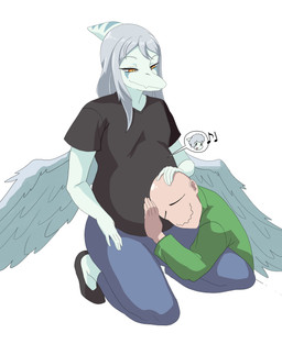 5_fingers anthro bald biped black_clothing black_shirt black_topwear blue_bottomwear blue_clothing blue_pants bone_frill bottomwear canon_couple clothing crouching cutaway duo_focus eyes_mostly_closed feathered_wings feathers feet female fingers frill_(anatomy) green_clothing green_jacket green_topwear grey_body grey_feathers grey_hair group hair hand_on_head happy head_on_belly human_on_anthro humanoid_feet humanoid_hands interspecies interspecies_pregnancy jacket long_hair looking_at_another looking_down male male/female musical_note musical_symbol narrowed_eyes orange_eyes pants plantigrade pregnant pregnant_anthro pregnant_female romantic romantic_couple shirt short_hair simple_background smile symbol topwear trio white_background wings puffycrow cavemanon_studios goodbye_volcano_high ko_op_(game_developer) snoot_game amber_(snoot_game) anon_(snoot_game) fang_(gvh) human mammal prehistoric_species pterosaur reptile scalie 2025 absurd_res colored hi_res shaded