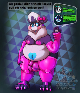 4_fingers 4_toes anthro armwear big_bulge black_body black_fur blue_makeup blush bow_(feature) bulge claws clothed clothing colored_nails crossdressing detailed_bulge elbow_gloves electronics eyelashes fangs feet femboy fingers fur glistening gloves hair handwear heart_(marking) holding_object holding_phone latex latex_armwear latex_clothing legwear lipstick looking_at_object looking_at_phone makeup male markings mostly_nude nails neck_tuft overweight pasties phone pink_armwear pink_clothing pink_nails simple_background solo standing stockings teeth thick_thighs thigh_highs tight_clothing toes tuft white_body white_fur chi_panpan chi_panda bear giant_panda mammal absurd_res hi_res