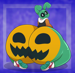 anthro big_butt black_sclera bodypaint bottom_heavy bottomless bottomless_anthro bottomless_male butt clothed clothed_anthro clothed_male clothing footwear green_body green_skin holidays huge_butt hyper hyper_butt jack-o'-lantern jacket kneeling looking_at_viewer looking_back looking_back_at_viewer male male_anthro pumpkin_butt red_clothing red_footwear red_shoes shirt shoes slime socks solo thick_thighs topwear tunemon halloween slime_bun_(faststacksunderscore) goo_creature lagomorph leporid mammal rabbit 2025 digital_media_(artwork) hi_res