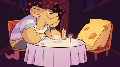 anthro chair cheese clothed clothing dairy_products detailed_background duo ear_piercing ear_ring food furniture heart_symbol male night piercing pirate ring_piercing sitting toony looshart pirats!_(emphasis_on_the_'rat') mammal murid murine rat rodent 16:9 2026 hi_res widescreen