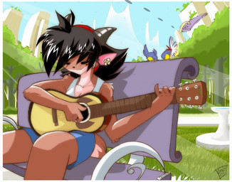 accessory acoustic_guitar anthro bench black_hair bottomwear brown_body brown_fur clothed clothing detailed_background eyes_closed female feral flower flower_in_hair fur grass group guitar hair hair_accessory hairband horn multicolored_body multicolored_fur musical_instrument on_bench outside park plant playing_guitar playing_music plucked_string_instrument shirt short_hair shorts sitting solo_focus string_instrument topwear tree two_tone_body two_tone_fur white_body white_fur chalo knighthood las_lindas hope_(chalo) antelope bovid gazelle mammal 2005