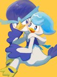 3_toes ambiguous_gender anthro beak blue_body blue_eyes blue_feathers blue_hair blush carrying_another duo eyebrows feathers feet hair on_shoulders open_beak open_mouth simple_background sitting tail tail_feathers toes unibrow white_body white_feathers winged_arms wings yellow_background yellow_body amujamu nintendo pokemon anatid anseriform avian bird generation_9_pokemon pokemon_(species) quaxly quaxwell 2023 digital_media_(artwork) digital_painting_(artwork) hi_res signature