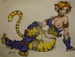 breasts facial_markings female genitals head_markings markings nipples one_breast_out pussy simple_background solo tail dalus breath_of_fire capcom katt_(breath_of_fire) animal_humanoid felid felid_humanoid humanoid mammal mammal_humanoid pantherine pantherine_humanoid tiger_humanoid