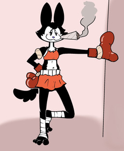 4_toes anthro black_body black_fur blue_nose bottomwear boxers_(clothing) boxing_gloves breasts clothing feet female foot_wrapping foot_wrappings foot_wraps fur handwear kick kickboxing leaning leg_wrap leg_wraps pose small_breasts smile smoking solo toes toony toony_expression toony_eyes underwear wraps fellowthewulf chloe_(fellowthewulf) mammal unknown_species hi_res