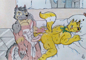 anal anal_penetration anthro apartment balls barazoku bed bedroom belly biceps blush butt duo erection fluffy fluffy_tail fur furniture genitals grin inside kerchief long_tail looking_at_viewer male male/male male_penetrated male_penetrating male_penetrating_male manly multicolored_body multicolored_fur musclegut muscular muscular_anthro muscular_arms muscular_male nipples nude nude_anthro nude_male on_bed overweight overweight_male pecs penetration penile penis sex slightly_chubby smile tail tongue tongue_out yellow_body yellow_fur dashthefox dashfox canid canine canis domestic_dog fox german_shepherd herding_dog mammal pastoral_dog 2022 absurd_res hi_res traditional_media_(artwork)