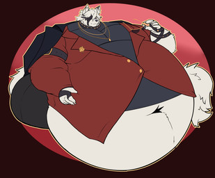 anthro belly belly_grab belt_on_arm big_belly clothing eyewear gradient_background jewelry male necklace overweight overweight_anthro overweight_male red_background red_eyes simple_background solo suit sunglasses tight_clothing psychoanthro coca-cola mihoyo zenless_zone_zero von_lycaon canid canine canis mammal thiren wolf 2026 absurd_res hi_res