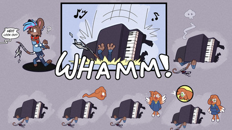 bell bell_collar brown_body brown_fur buckteeth collar dialogue dying ear_piercing ear_ring fur grand_piano jewelry keyboard_instrument mouse_ears mouse_tail musical_instrument offscreen_character onomatopoeia piano piercing rabbit_ears red_collar ring_piercing solo sound_effects speech_bubble tail tail_wraps teeth text transformation wraps trevor-fox angel_hare the_east_patch angel_cammy trevor-fox_(character) angel_hare_(the_east_patch) lagomorph leporid mammal mouse murid murine rabbit rodent hi_res