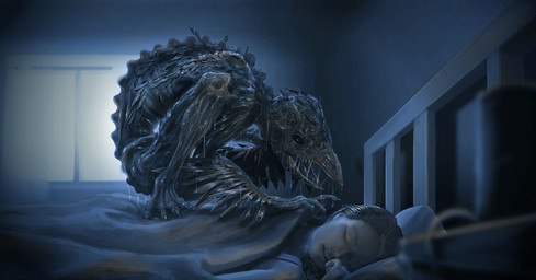 4_toes ambiguous_gender beak bed black_body black_eyes black_hair black_skin black_tongue claws creepy dark detailed_background dripping duo feathers feet female furniture hair inside nude sharp_teeth skinny slime spine teeth toe_claws toes tongue wet petteri_maekinen pahanhautoja alli_(pahanhautoja) tinja avian human mammal monster concept_art hi_res official_art