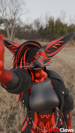alternative_fashion anthro big_breasts big_ears black_hair blurred_background breasts chain clothing detailed_background female fur goth hair happy high-angle_view jacket panties red_body red_eyes red_fur selfie shirt skinny slim solo tank_top topwear underwear whiskers wide_hips redclaws canid canine fennec_fox fox mammal rexouium true_fox 3d_(artwork) 9:16 blender_(artwork) blender_cycles_(artwork) digital_media_(artwork) hi_res
