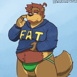 anthro belly black_nose blue_background blush brown_body brown_fur clothing fur hoodie humanoid_hands jockstrap male overweight overweight_male simple_background solo text text_on_clothing text_on_hoodie text_on_topwear topwear underwear hashburrowns fat_hoodie meme_clothing ryan_reid bear mammal 1:1 2015 meme