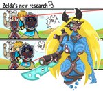 1_eye arm_blade arm_cannon big_breasts big_hair black_horn blonde_hair blue_body blue_eyes breasts clothed clothing female front_view group hair holding_object holding_shield horn humanoid_pointy_ears laser_pointer long_hair male pattern_body pointy_ears shield small_waist tan_body tan_skin text thick_thighs trio wide_hips urusee584 nintendo the_legend_of_zelda link paya princess_zelda humanoid hylian sheikah hi_res