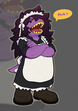 anthro apron black_clothing black_dress clothing crossed_arms dress female footwear maid_headdress maid_uniform open_mouth purple_body sharp_teeth shoes solo speech_bubble tail teeth text uniform white_apron white_clothing yellow_teeth yukiyuno1760617 deltarune undertale_(series) susie_(deltarune) scalie english_text full-length_portrait hi_res portrait