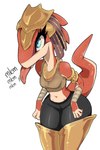 4_fingers anthro armband armlet armor blep blue_eyes breasts clothing eye_markings eyelashes female fingers glistening glistening_clothing glistening_eyes glistening_headgear glistening_legwear headgear headwear legwear markings midriff mlem_(sound_effect) multicolored_body navel pupils red_body red_scales scales shirt simple_background small_breasts solo standing tail tank_top text thick_thighs tongue tongue_out topwear two_tone_body white_background wide_hips 4chan_anon third-party_edit unknown_artist ever_oasis nintendo miura drauk scalie 2023 color_edit colored digital_media_(artwork) english_text hi_res portrait three-quarter_portrait