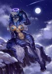 anthro big_breasts blue_nipples breasts claws detailed_background fangs female fur genitals hair looking_at_viewer moon multicolored_body navel night nipple_piercing nipples outside piercing pussy sky smile solo star teeth neutral_nt ressia_(renikki) angel canid canine canis hybrid mammal wolf hi_res