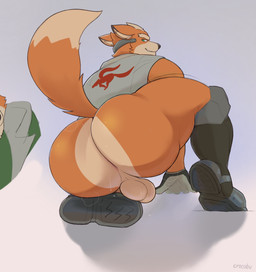 anthro anus balls big_butt boots bottomless bottomless_anthro bottomless_male butt clothed clothing dipstick_tail fluffy fluffy_tail footwear genitals green_eyes huge_butt male markings muscular muscular_anthro muscular_male presenting presenting_hindquarters shoes simple_background smile solo tail tail_markings topwear vest crocobu nintendo star_fox fox_mccloud canid canine fox mammal absurd_res hi_res