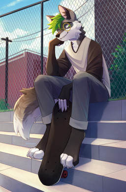 4_toes 5_fingers anthro bottomwear building clothing concrete denim denim_bottomwear denim_clothing eyewear feet fence fingers fur glasses grass green_eyes green_hair grey_body grey_fur hair head_tuft jeans light looking_at_viewer male pants plant shirt shrub sitting skateboard sky smile solo stairs sunlight t-shirt tail toes topwear tuft vehicle white_body white_fur karandro draiike canid canine canis fox hybrid mammal wolf absurd_res hi_res shaded