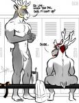 anthro antlers balls bench blonde_hair duo feet flaccid foreskin genitals hair horn humanoid_feet humor locker locker_room male male/male nipples nude on_bench pecs penis plantigrade red_hair red_nose sitting standing text bgn fireball_(bgn) rudolph_the_red-nosed_reindeer deer mammal new_world_deer reindeer 2016 english_text