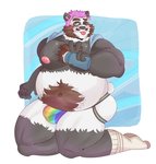 anthro black_body black_fur blush clothing fur humanoid_hands jockstrap male moobs nipples one_eye_closed overweight overweight_anthro overweight_male solo tongue tongue_out underwear white_body white_fur wink matchaijuice dayton_(sleepypandaburr) bear giant_panda mammal 2021 hi_res