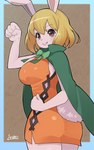 5:8 absurd_res anthro arumo big_breasts biped blonde_hair breasts brown_eyes cape carrot_(one_piece) clothing clothing_bow dress female fluffy fluffy_tail fur green_cape green_clothing hair hi_res kemono lagomorph leporid long_ears mammal minkmen_(one_piece) one_piece open_mouth open_smile orange_clothing orange_dress pink_nose rabbit short_hair sideless_clothing sideless_dress smile solo tail white_body white_fur