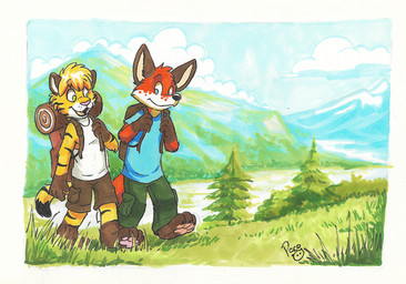 anthro blonde_hair blue_clothing blue_eyes blue_shirt blue_t-shirt blue_topwear bottomwear brown_bottomwear brown_clothing brown_shorts closed_smile clothed clothing cloud day dipstick_tail duo fur grass green_bottomwear green_clothing green_eyes green_pants hair head_tuft logo male markings mouth_closed open_mouth open_smile outside pants plant red_body red_fur shirt short_hair shorts smile striped_arms striped_legs striped_markings striped_tail stripes t-shirt tail tail_markings topwear tree tuft white_body white_clothing white_fur white_shirt white_topwear yellow_body yellow_fur young young_anthro young_male pandapaco canid canine felid fox mammal pantherine tiger artist_logo signature