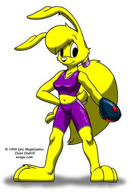 3_toes anthro bangs barefoot breasts feet female fur hair holding_object looking_at_viewer navel ponytail simple_background smile solo standing toes white_background yellow_body yellow_fur dean_dodrill epic_games jazz_jackrabbit_(series) lori_jackrabbit hare lagomorph leporid mammal 1999