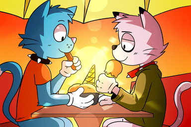 4_fingers black_collar black_nose blue_body blue_fur clothed clothing collar dessert duo fingers food fur furniture gloves green_clothing half-closed_eyes handwear ice_cream male narrowed_eyes pantsless pink_nose red_clothing red_collar romantic shirt sitting smile spiked_collar spikes sun sunset table topwear umbrella whiskers simplepossum doke_okeb domestic_cat felid feline felis mammal 2022 digital_media_(artwork) hi_res