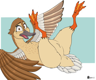 beak feathers featureless_butt featureless_crotch female feral legs_up looking_at_viewer lying nude on_back open_mouth solo spread_legs spreading tail tail_feathers tongue wide_eyed wings marcushunter migration_(movie) pam_mallard_(migration) anas anatid anseriform avian bird dabbling_duck duck mallard 2025 signature