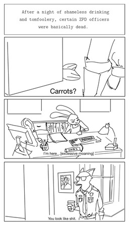 accessory anthro badge beverage clothing coffee computer container cup electronics eyewear female folder fur furniture keyboard long_ears male monitor necktie pencil_(object) police police_uniform portrait_(object) shelf sunglasses table text uniform window tafih-toffee disney zootopia judy_hopps nick_wilde canid canine fox lagomorph leporid mammal rabbit red_fox true_fox black_and_white comic english_text hi_res monochrome sketch